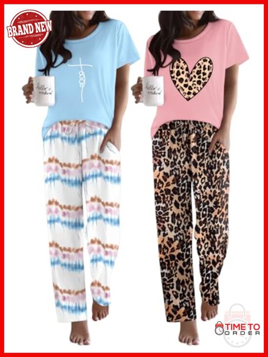 Other - 2 Pack Pajamas Set Short Sleeve Sleepwear Top and Pants Soft Lounge Sets with
